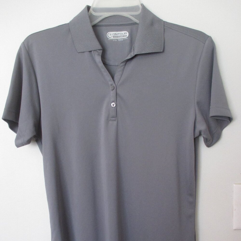 Women's golf-style shirt. 2 button henley with polo collar. ONTOUR brand. Gray